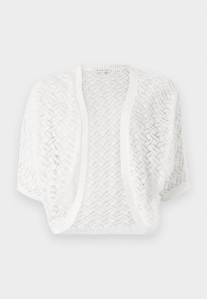 Hvit åpen strikket cardigan med et teksturert mønster, korte ermer og et ribbestrikket krage. Lett og pustende stoff.