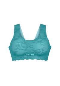 Türkiser Spitzen-BH mit breiten Trägern, gewellten Kanten und einer kleinen dekorativen Schleife in der Mitte vorne; ausgestattet mit einem weichen, strukturierten Stoff.