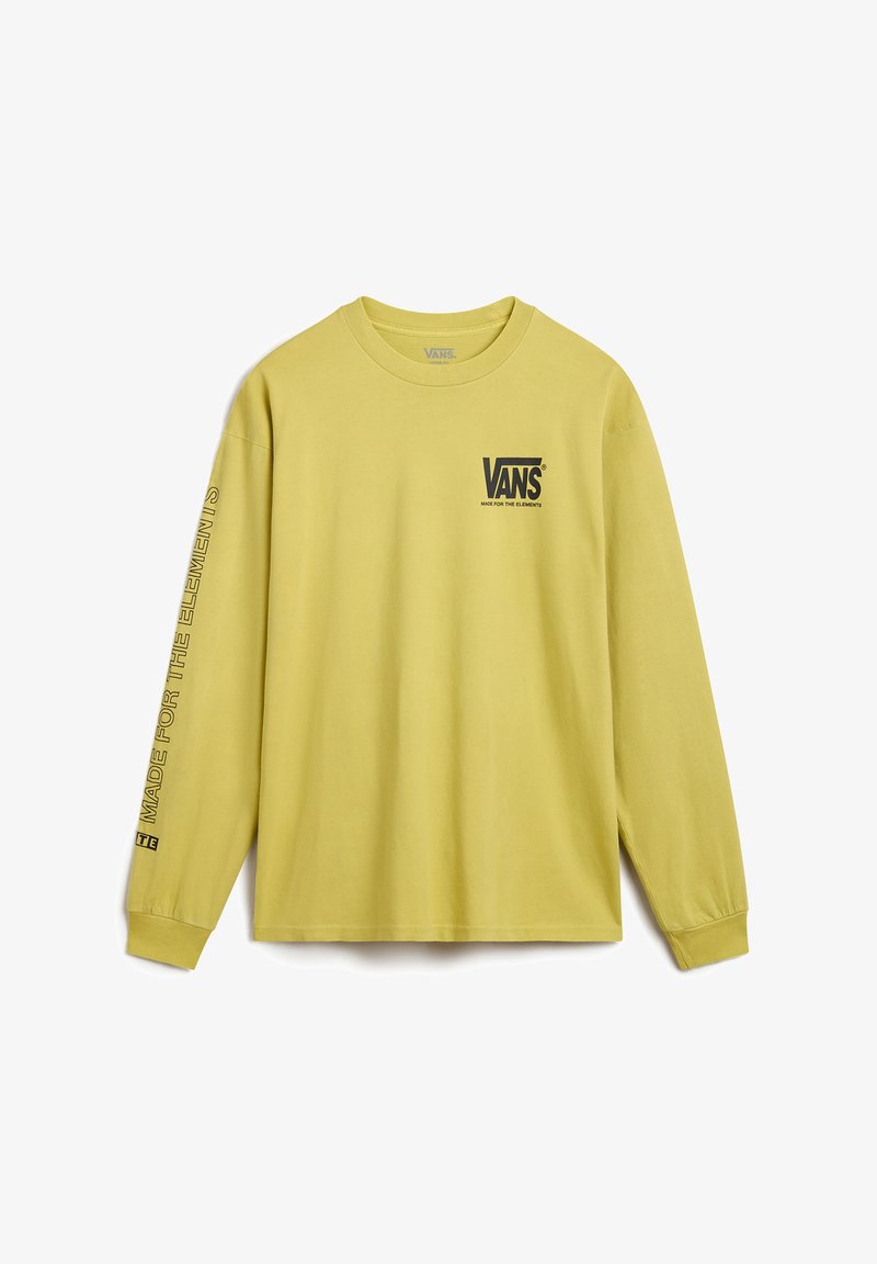 Long-sleeve t-shirt in soft yellow cotton. Features black "VANS" logo on chest and vertical text on left sleeve. Ribbed neckline and cuffs.