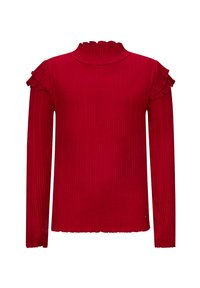 Top lungo a maniche lunghe rosso a coste con collo alto e dettagli arricciati sulle spalle; presenta un tessuto testurizzato con orlo dritto.