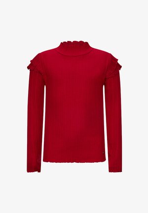 Czerwony, prążkowany top z długim rękawem, z wysokim kołnierzem i falbaniastymi akcentami na ramionach; ma teksturowany materiał z prostym obszyciem.