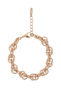 Armbånd i guldtonet metal med sammenflettede led, der har en struktureret overflade. Inkluderer en kvarteklips og en justerbar kædeforlængelse.