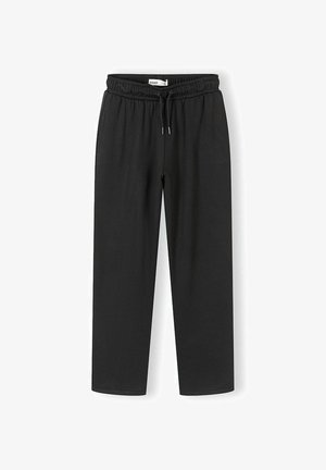 Pantaloni della tuta con vita elastica nera, coulisse e gambe dritte, stile casual, mostrati su sfondo bianco.