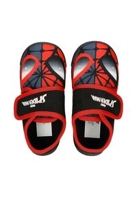 Scarpe slip-on nere e rosse con design di Spider-Man, dotate di una tomaia in tessuto morbido, cinturino regolabile e suole testurizzate.