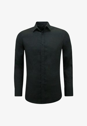 Zwarte lange mouwen shirt met een met knopen gesloten kraag, textuurstof en zes knopen aan de voorkant. Enkele knoopaccent op de mouw.