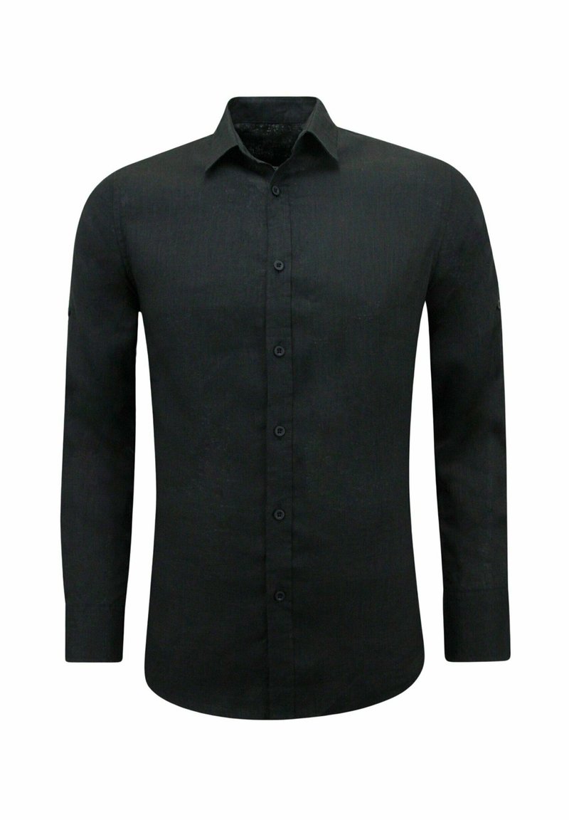 Zwarte lange mouwen shirt met een met knopen gesloten kraag, textuurstof en zes knopen aan de voorkant. Enkele knoopaccent op de mouw.