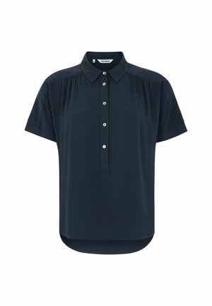 Tumedast merevaid särki lühikeste varrukatega, krae ja ees olev nupuvääratus, õlavarre seametel on peened kogumised; sile kangas ja mugav lõige.