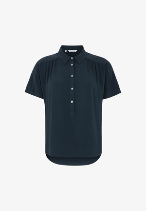 Donker marineblauw overhemd met korte mouwen, een kraag, voorknopsluiting en subtiele plooien bij de schoudernaden; zachte stof met een relaxte pasvorm.