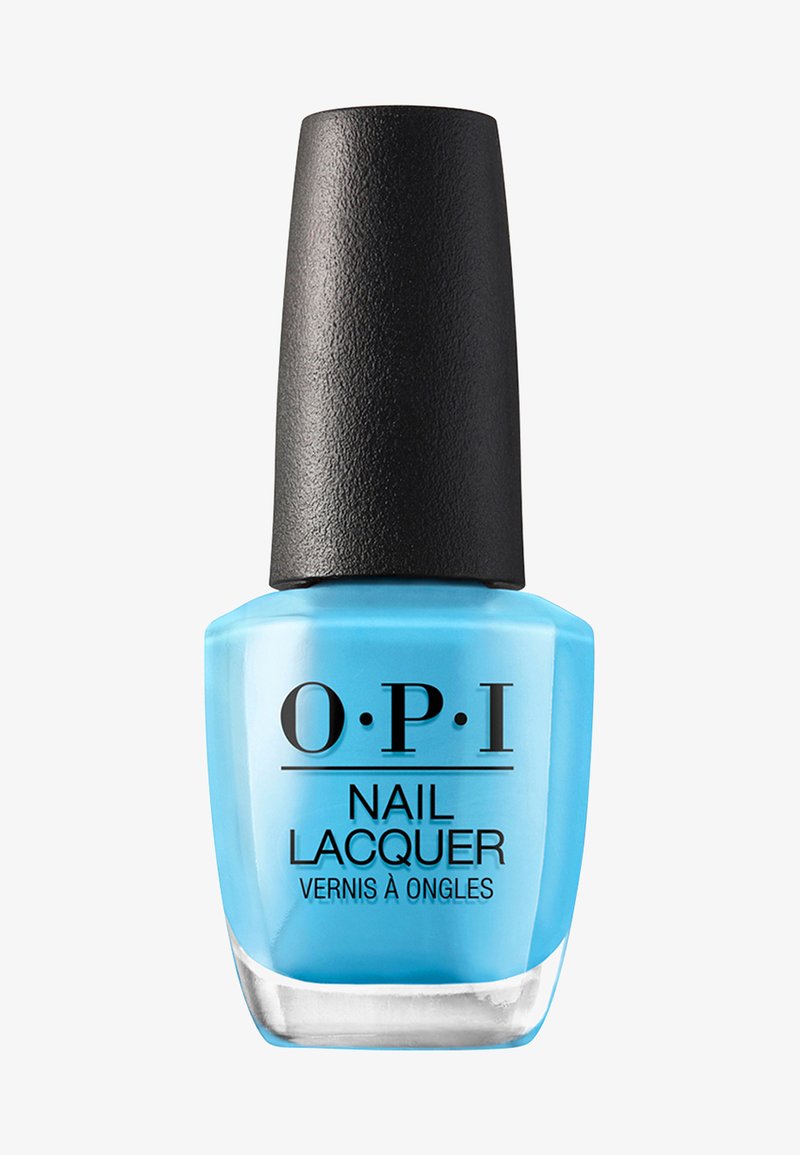 Bouteille de vernis à ongles OPI bleu vif avec bouchon noir texturé et base transparente, étiquetée en texte noir.