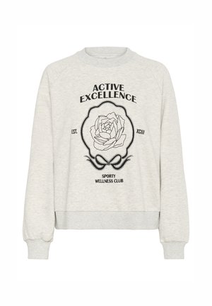 Hellgrauer Rundhalspullover mit schwarzem Grafikdruck einer Rose und den Texten "ACTIVE EXCELLENCE" und "SPORTY WELLNESS CLUB." Mit gerippten Bündchen.