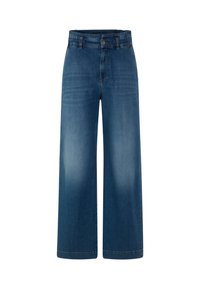 Wide-leg denim jeans in medium blue, featuring a high waist, five pockets, and standard stitching. Smooth texture with a slight fade.