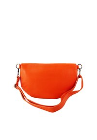 Orange leather bag with a rounded shape, featuring a detachable strap and silver-tone hardware. Textured surface with a smooth finish.