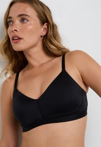 Reggiseno wireless nero con tessuto morbido, coppe triangolari, spalline regolabili e una fascia ampia. Caratterizzato da un design minimalista.