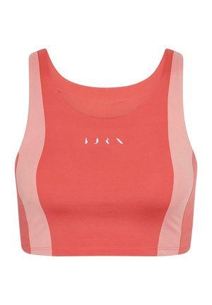 Coral sports bra with light pink side panels, round neckline, and subtle logo detail on the front. Made from stretchy, breathable material.