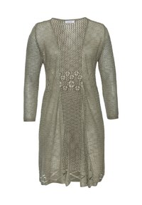 Cardigan lungo aperto verde oliva, in maglia a rete, con maniche lunghe, caratterizzato da un motivo floreale e un design morbido. Tessuto soffice, senza chiusure.
