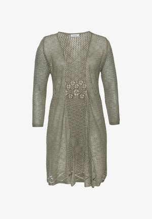 Olive green, atviras, megztas ilgas kardiganas su ilgomis rankovėmis, su gėlėta raštu ir laisvu dizainu. Minkšta tekstūra, be uždarymo.