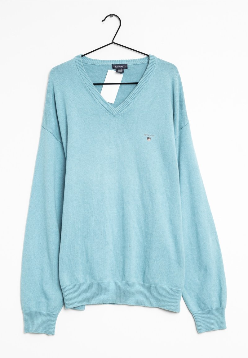 Pull léger bleu clair à col en V, fabriqué en matériau tricoté doux. Il présente des poignets et un ourlet côtelés, avec un petit logo brodé sur la poitrine.