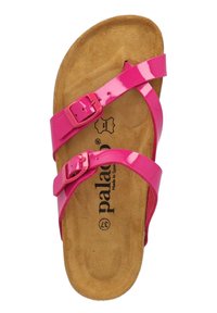 Sandalo a fascia in pelle verniciata rosa con due cinturini regolabili. Fodera in sughero con logo impresso. Superficie superiore liscia, design con punta arrotondata.