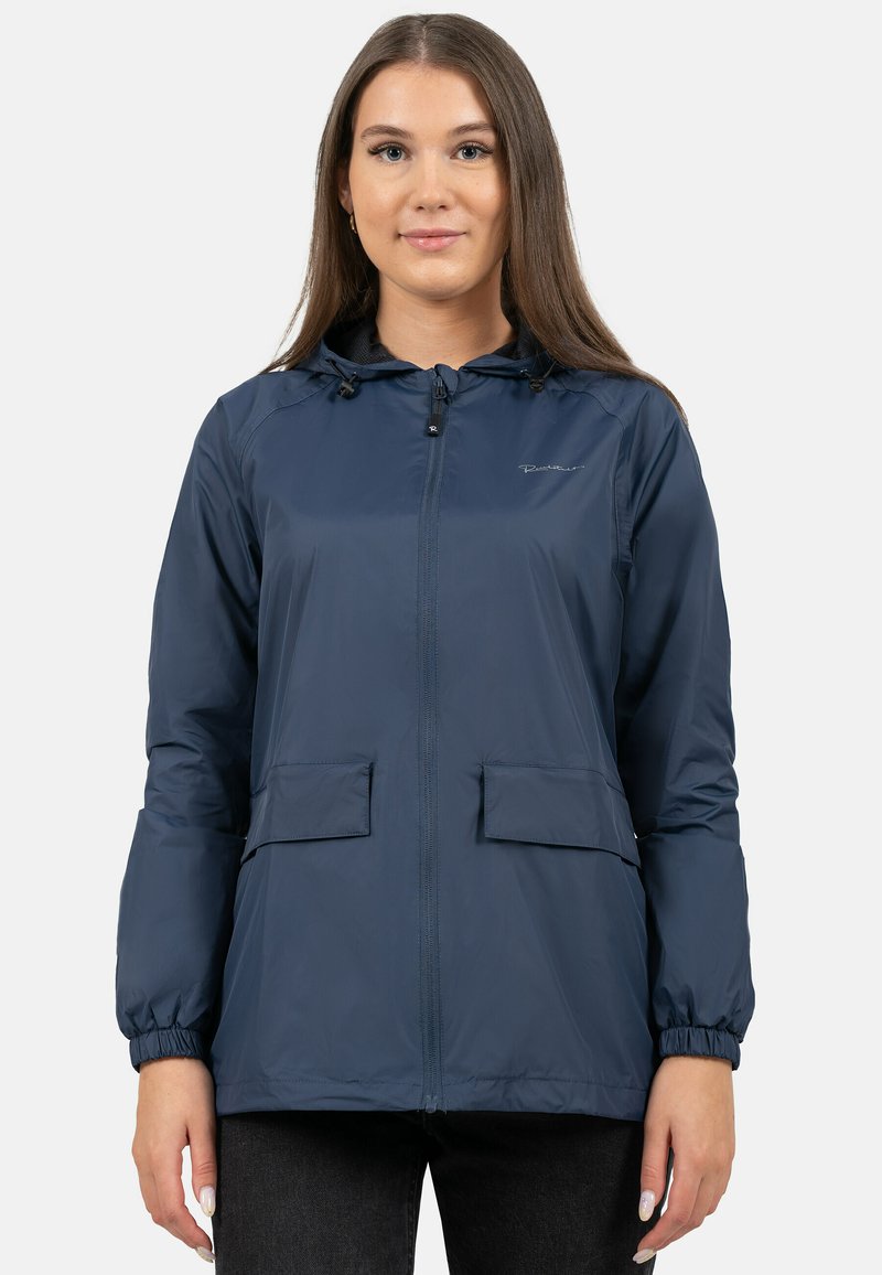 Marine lichtgewicht jack met capuchon, elastische manchetten, ritssluiting aan de voorkant en twee voorzakken. Glad stof met een waterafstotende afwerking.