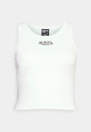 White ribbed crop tank top featuring a round neckline and black "Von Dutch" logo at the center. Made from stretchy cotton blend fabric.