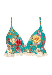Kwiatowy biustonosz bikini o turkusowej bazie, z głębokim dekoltem, falbanowymi koronkowymi wykończeniami i kolorowymi wzorami kwiatowymi w odcieniach żółci, czerwieni i bieli.
