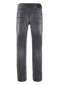 Gray denim jeans with a straight-leg design. Features a smooth texture, five pockets, and a black leather label on the back.
