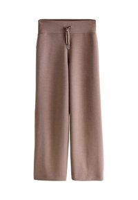 Hellbraune weite Hosen aus weichem Material, mit einem elastischen Taillenbund und einer Kordel sowie einer glatten Textur.