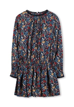 Bloemenprint jurk in blauw, rood en geel op een donkere achtergrond. Heeft lange mouwen, een geplooide taille en een gerafelde zoom.