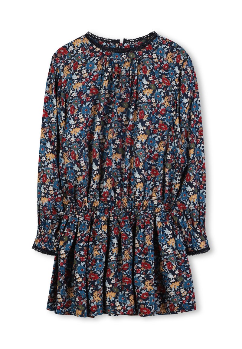 Robe à imprimé floral en bleu, rouge et jaune sur un fond sombre. Dispose de manches longues, d'un corsage froncé et d'un ourlet froncé.