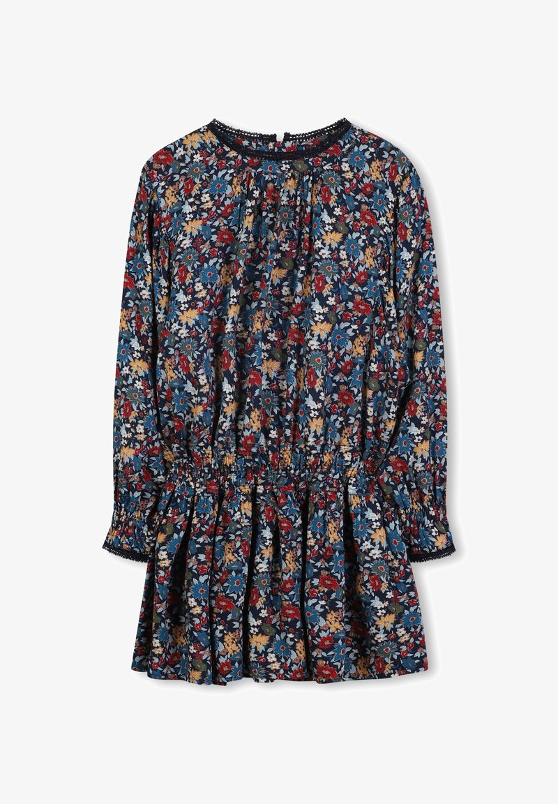 Robe à imprimé floral en bleu, rouge et jaune sur un fond sombre. Dispose de manches longues, d'un corsage froncé et d'un ourlet froncé.