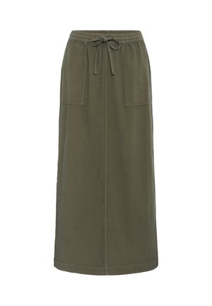 Jupe midi vert olive avec poches plaquées à l'avant, taille élastique et cordon ajustable. Style simple et décontracté.