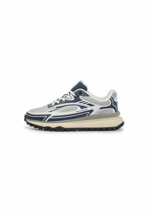 Sport shoes with a grey and navy mesh upper, white accents, black rubber sole, and a cushioned midsole for comfort and traction.