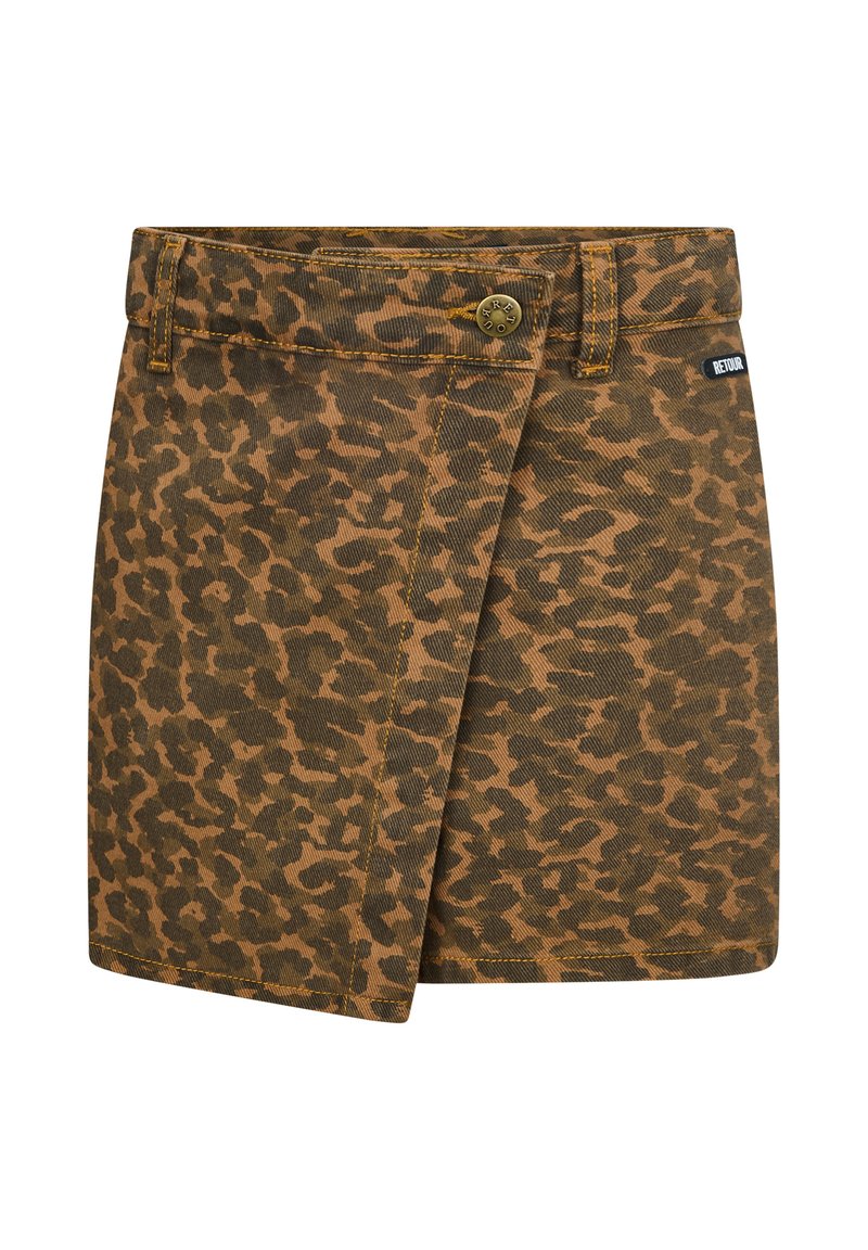 Leopardprint rok in bruin en zwart, gemaakt van denim. Heeft een knoopsluiting, een wikkelontwerp en een label aan de zijkant.