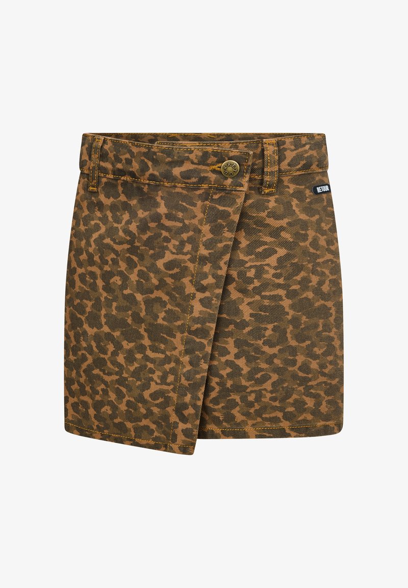 Leopardenmuster-Rock in Braun und Schwarz, aus Denim gefertigt. Verfügt über einen Knopfverschluss, ein Wickeldesign und ein Etikett an der Seite.