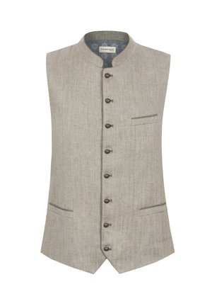 Gray linen vest with a Mandarin collar, featuring six buttons, a single chest pocket, and two lower pockets; textured fabric.