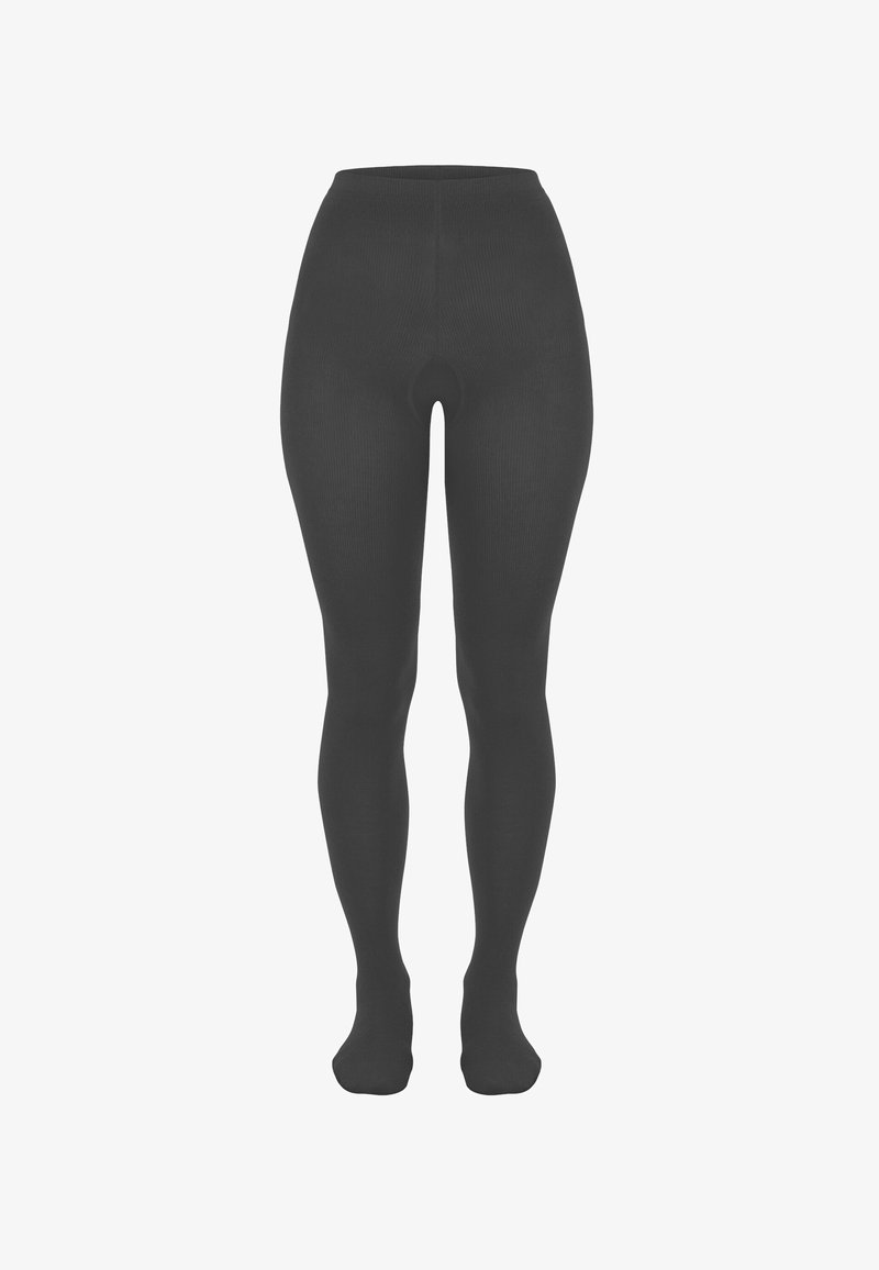 Schwarze, blickdichte, gerippte Strumpfhose, die frontseitig vor weißem Hintergrund gezeigt wird.