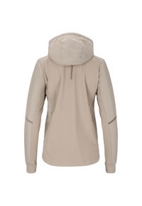 Beige hættejakke med en glat, mat finish. Har raglanærmer, en bagsøm detalje og kontrast piping langs skuldrene.