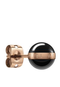 Orecchino sferico nero con montatura in oro rosa, inciso con "DANIEL WELLINGTON". Il design presenta una finitura lucida e una chiusura a perno sicura.