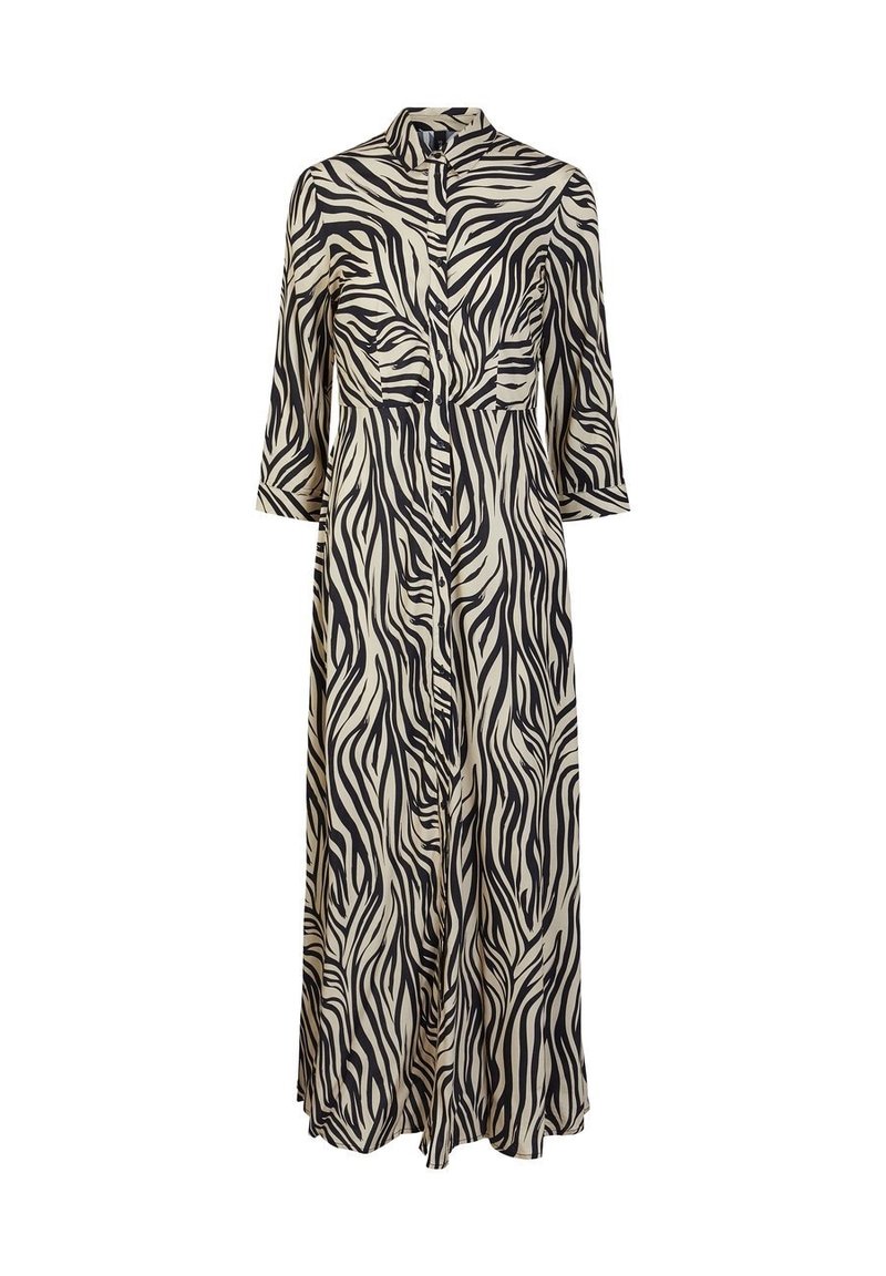 Lång, knäppt klänning i beige tyg med ett mönster av svarta zebraränder. Har krage och trekvartsärmar. Flödande design.