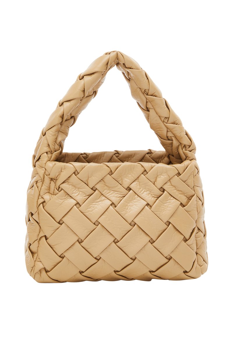Woven leather handbag in a light beige color, featuring a structured shape and a triangular handle for easy carrying.