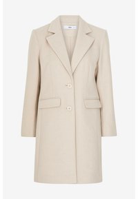 Beige tailored kabát s klopovým límcem, dvouřadým zapínáním a dvěma předními kapsami. Vyroben z texturované látky s hladkým vnitřkem.