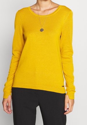 Personne portant un pull jaune vif à manches longues et un pantalon noir, avec un collier pendentif rond simple visible.