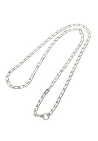 Srebrny metalowy łańcuch z wydłużonymi ogniwami. Projekt zawiera okrągłe zapięcie na jednym końcu oraz gładką, polerowaną teksturę.