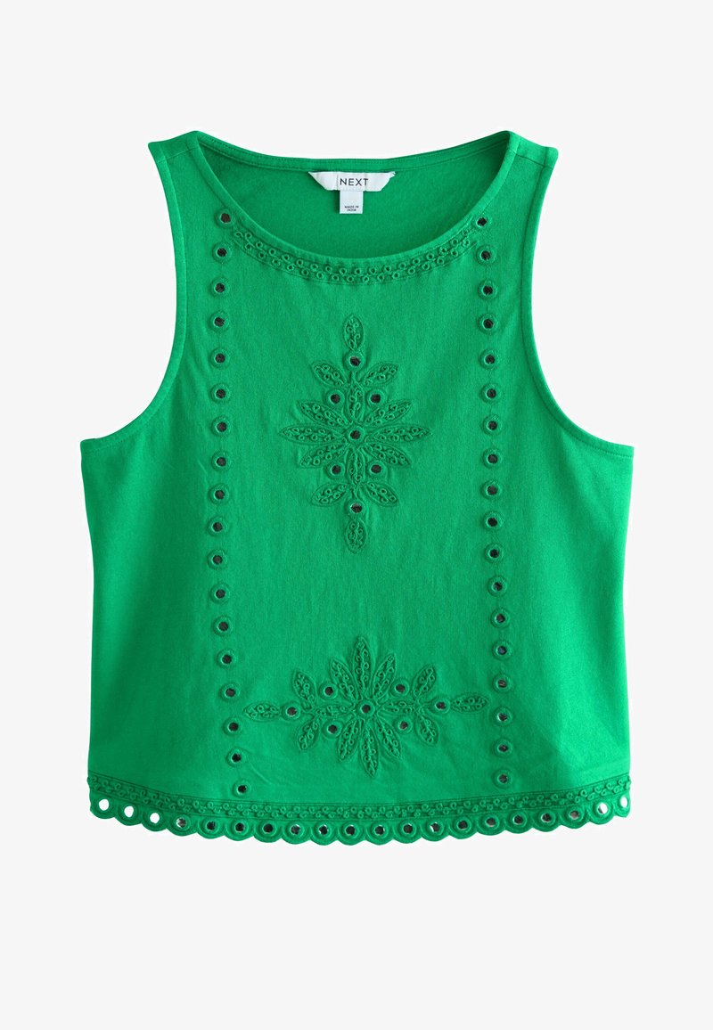Haut sans manches vert avec des motifs floraux brodés, des détails en œillets sur le devant et l'ourlet, et un col rond.