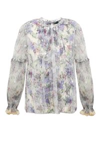 Blouse fleurie transparente avec motifs violets et verts, design plissé, encolure ronde, manches longues avec poignets à volants et bordure en dentelle.