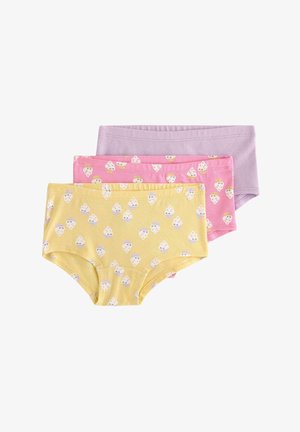 Tre par pigers hipsterundertøj i pastelgul og lyserød med cupcake-mønstre samt ensfarvet lys lilla på bagsiden.