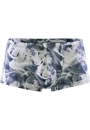 Maillots de bain ornés d'un motif monochrome de plumes dans des nuances de gris et de blanc. Fabriqués en tissu lisse avec une coupe ajustée et une longueur médium.