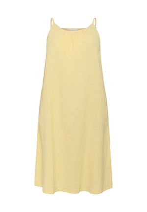 Robe en lin jaune clair avec des fines bretelles, coupe ample et détail froncé au niveau du col. Texture lisse et longueur au genou.