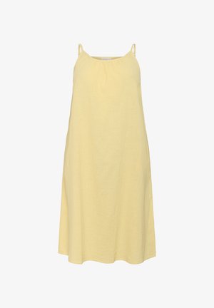 Robe en lin jaune clair avec des fines bretelles, coupe ample et détail froncé au niveau du col. Texture lisse et longueur au genou.