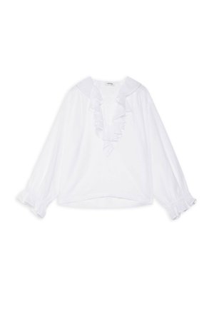 Blouse blanche à manches longues avec col en V à volants et poignets à volants, fabriquée en tissu léger.